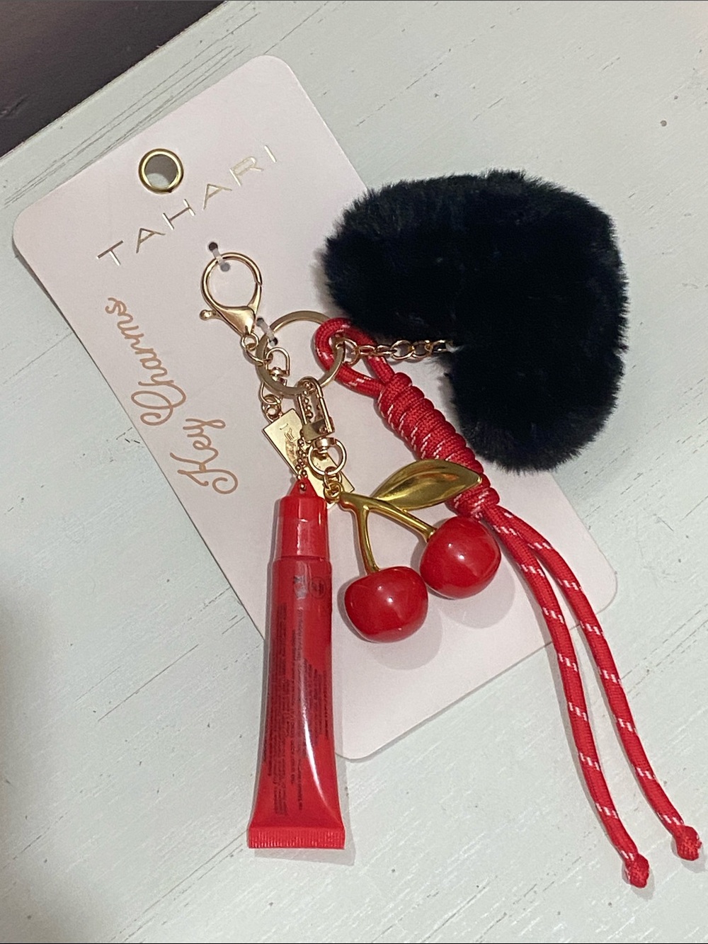 Tahari - Red & Black, Cherry,Pom-Pom & Lip Gloss Bag Charm